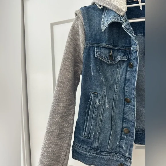 Free People Denim Jacket with Gray Knit Hoodie Sleeves - Picture 2 of 4